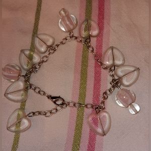 Bracelet Clear Hearts Stones Beads Dangle Charms Silver Chain Like New